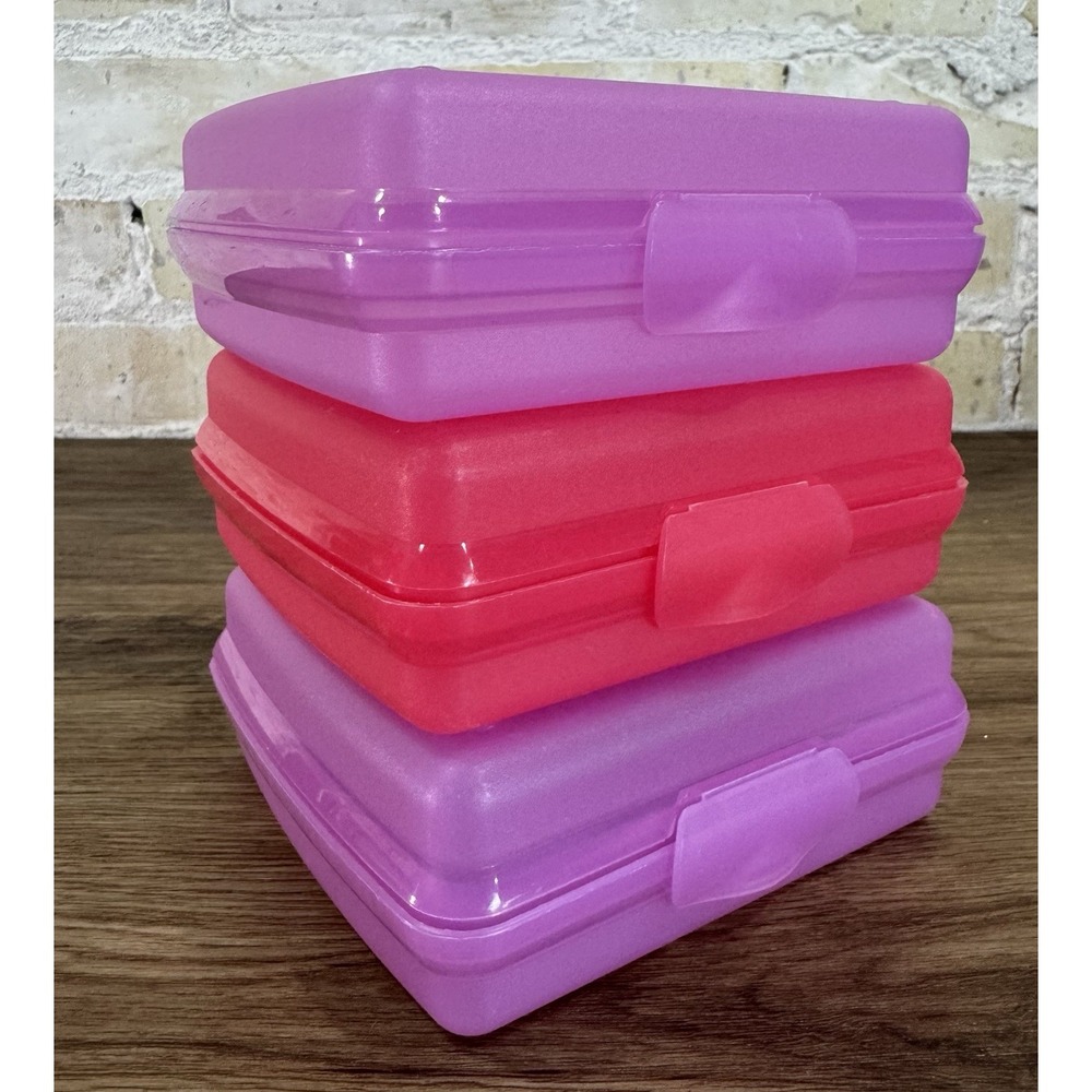 Tupperware Sandwich Keeper Set of 3 Pink Purple Hinged Lunch Boxes 5" Square